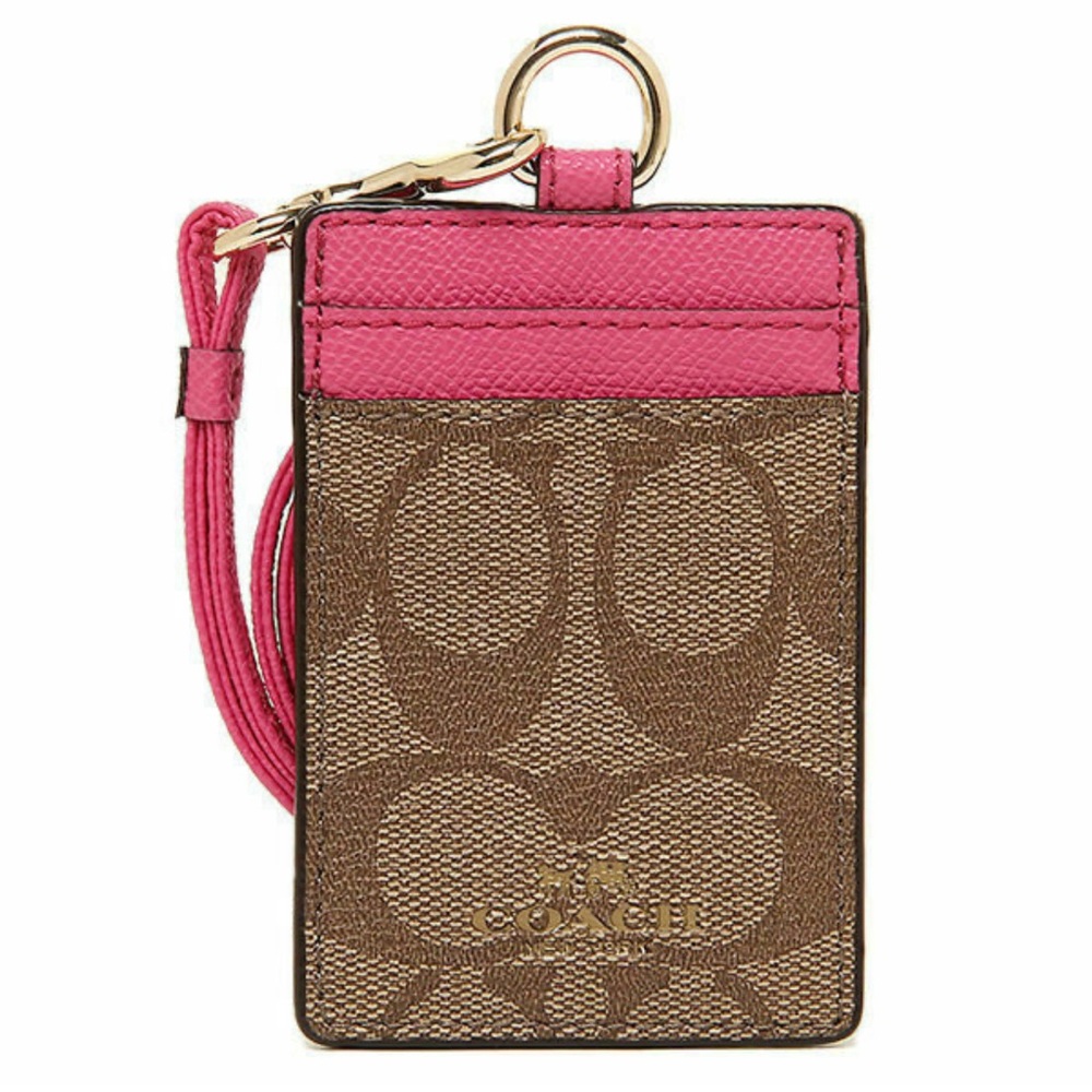 Coach signature brown w/pink lanyard card id EUC